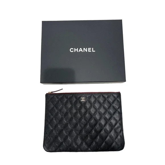 Chanel REV Black Caviar Gold Classic Quilted CC Zipper Pouch O Case Medium Bag - Picture 2 of 12